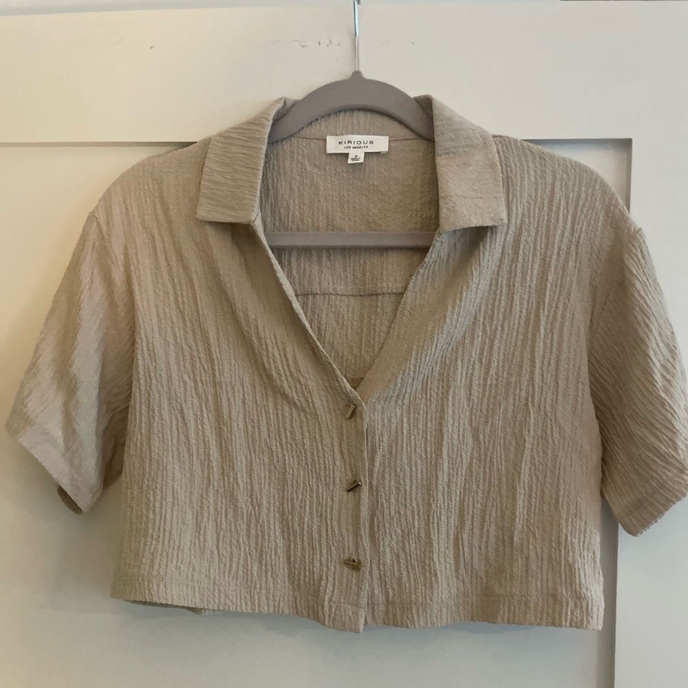 Beige Button-Down Crop Top with gold bar buttons